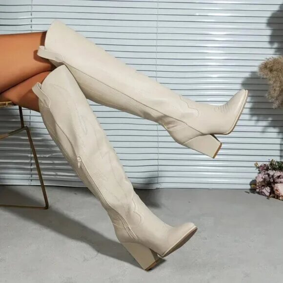 Elegant Cream Heeled Boots - Picture 3 of 5